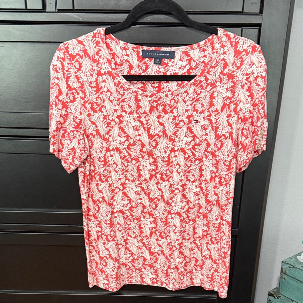 Tommy Hilfiger Coral and White Patterned Short Sleeve Tee